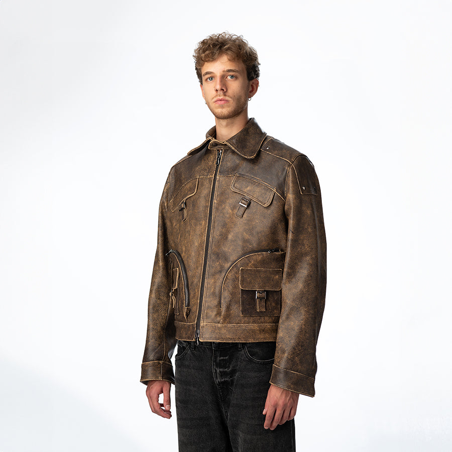 Multizip Leather Jacket Man - Brown